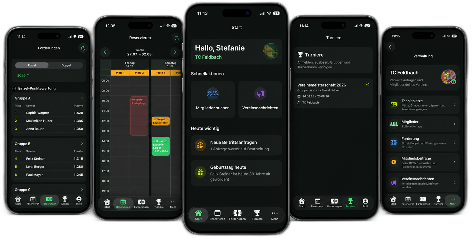tennvia App: Arbeitsstunden, Forderungen, Platzreservierung, Startseite, Turniere und Vereinsverwaltung