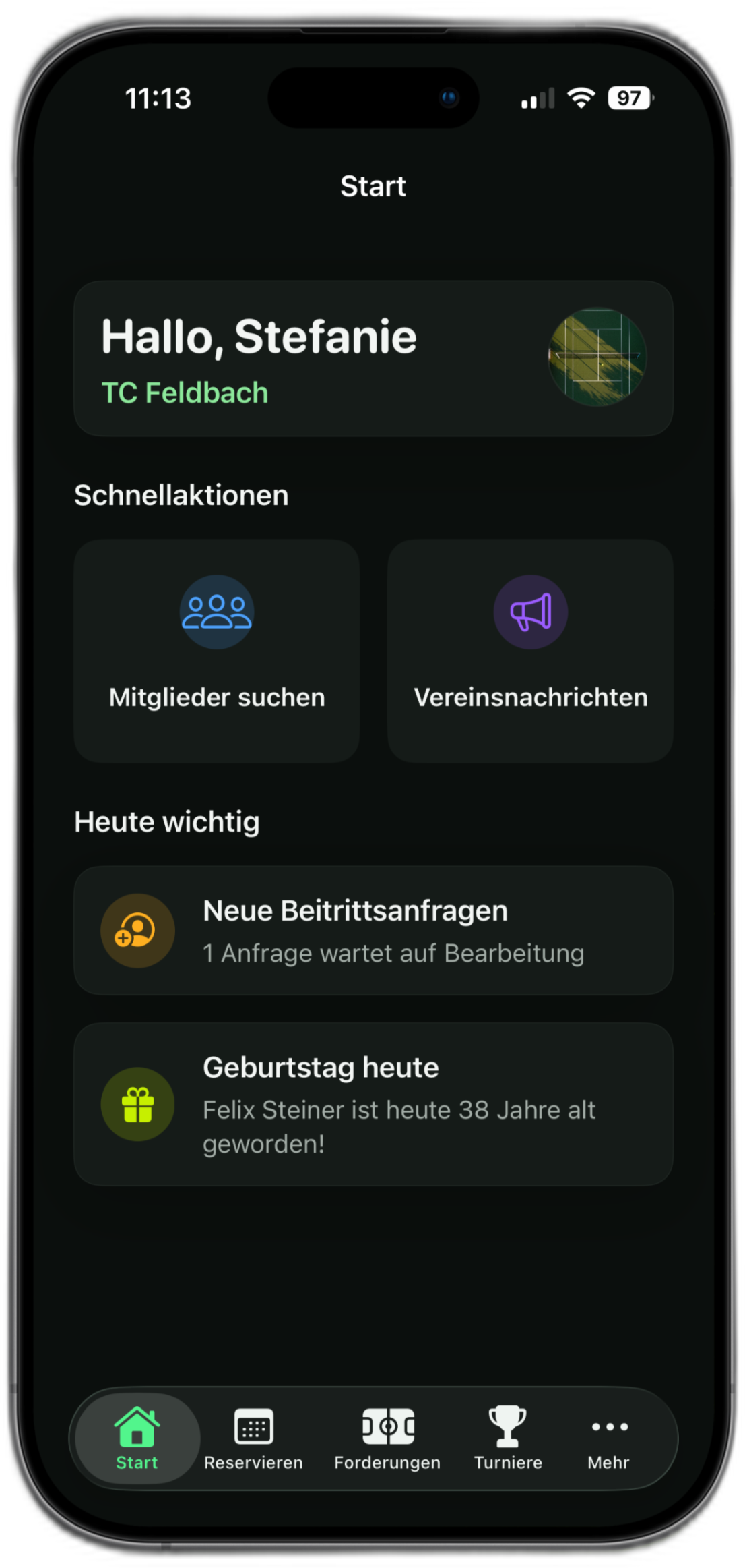 tennvia Startbildschirm: Vereinsübersicht, Schnellaktionen und wichtige Termine auf einen Blick