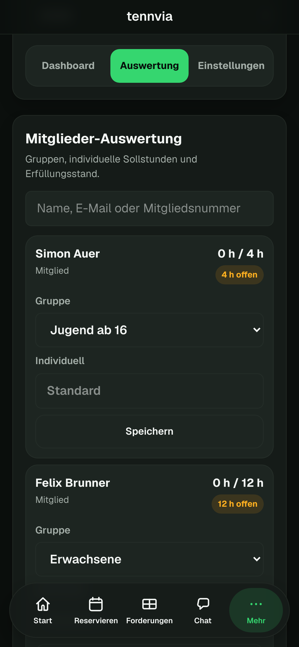 Arbeitsstunden-Auswertung für Vereinsadmins mit Sollstunden und Erfüllungsstand je Mitglied